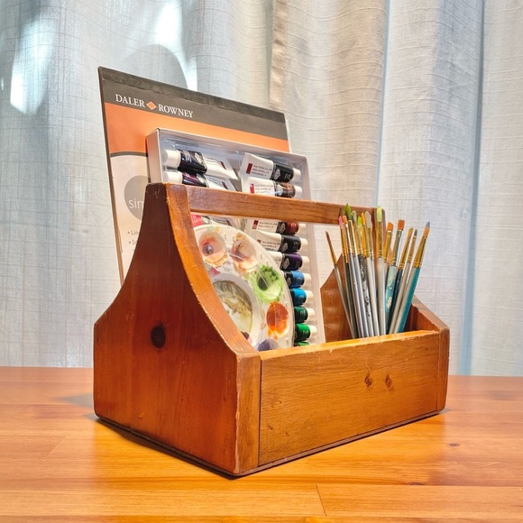 VTG Wood Craft Caddy Tool Box with Handle Decorative Plant Display Hobby Holder - Picture 1 of 16